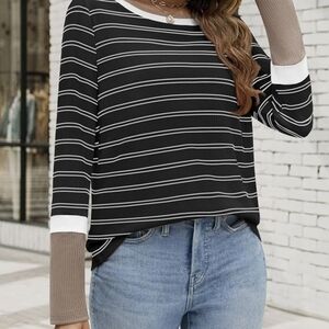 Striped Long-Sleeve Knit Top in Navy and Taupe